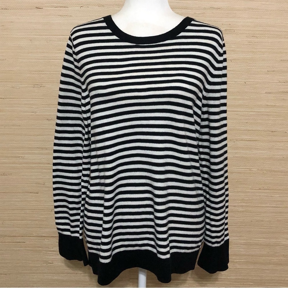 Black/White Striped Lambswool Lightweight Layering Pullover Fine Knit Sweater L